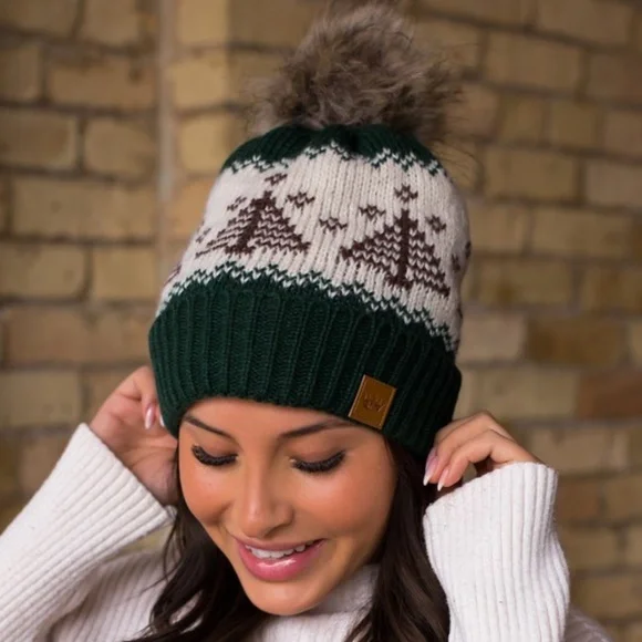 SOLD OUT Holiday Green Knit Trees Winter Faux Fur Pompom Fleece Lined Beanie Hat - Picture 3 of 3